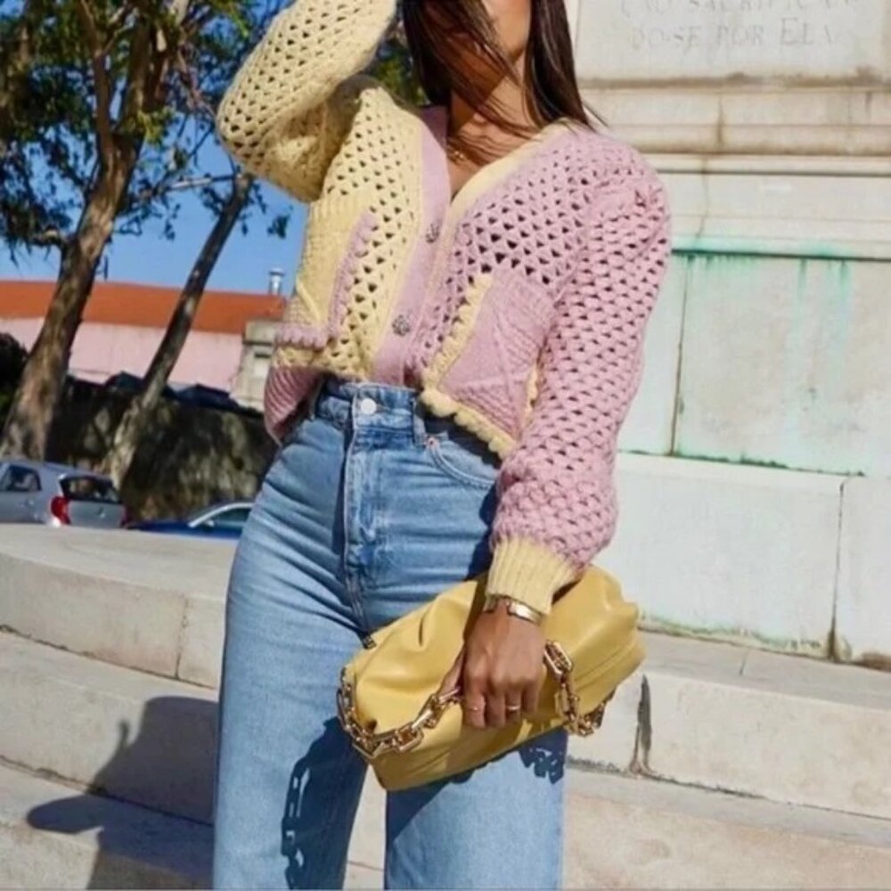 Zara Pink & Yellow Colorblock Crocheted Cardigan Jeweled Button Puff Sleeve Sz S - Picture 2 of 9